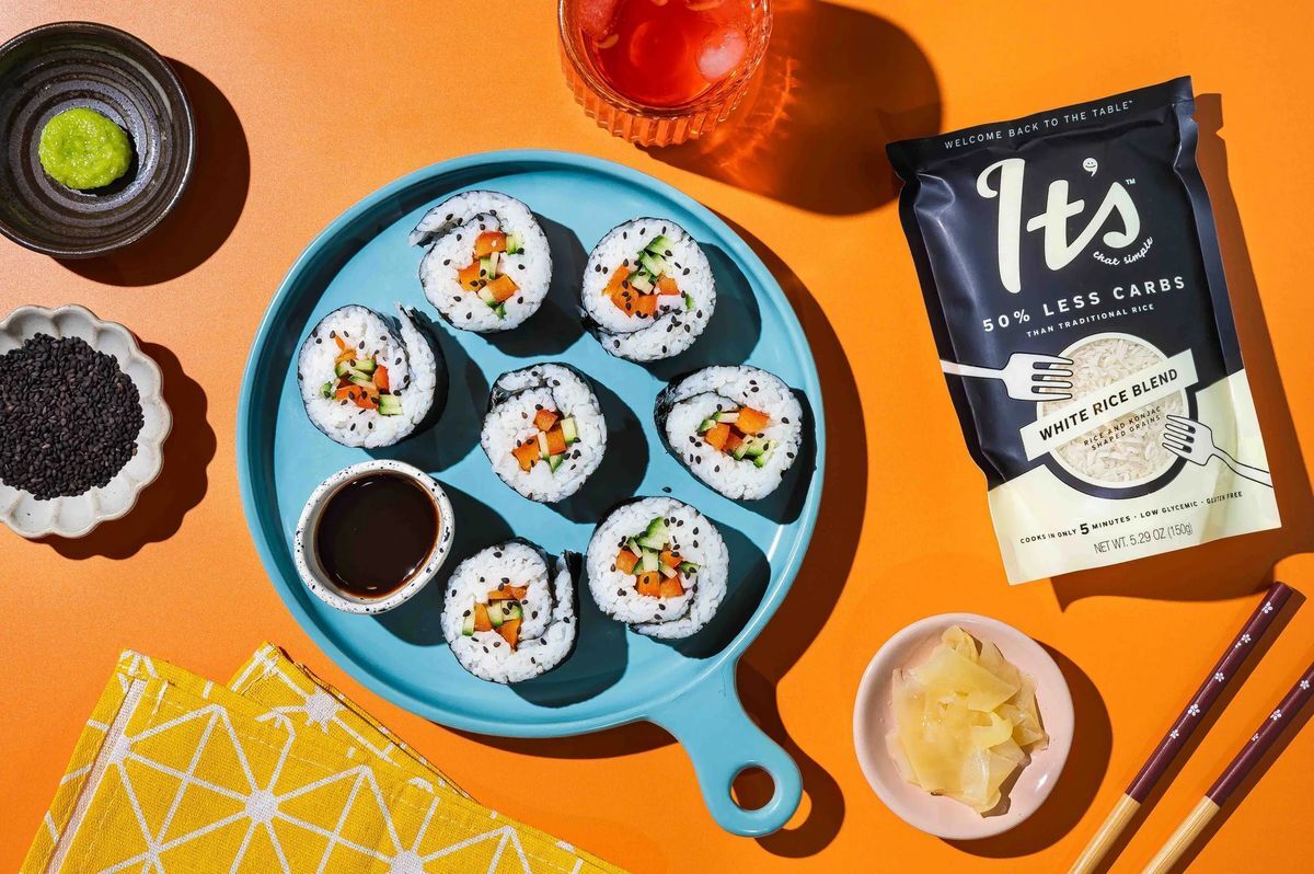Sushi rolls made with It’s That Simple rice blend on a blue plate